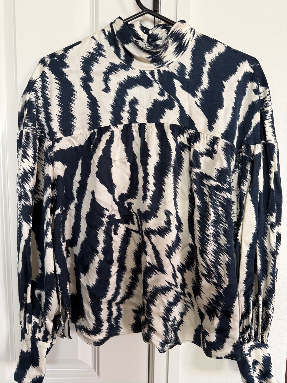 Navy and Cream Zebra Print Mock Neck Blouse